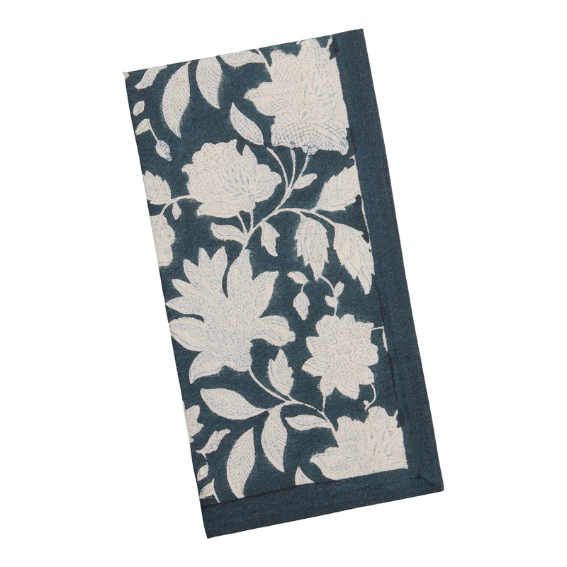 Navy and White Bordered Floral Block Print Napkin