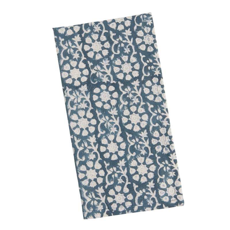 Navy Blue and White Circle Floral Block Print Napkin