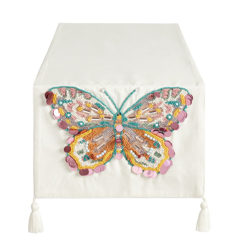 Oatmeal Embroidered Butterfly Beaded Table Runner