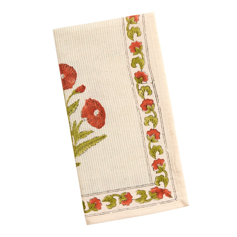 Orange and Green Stripe Suzani Floral Block Print Napkin