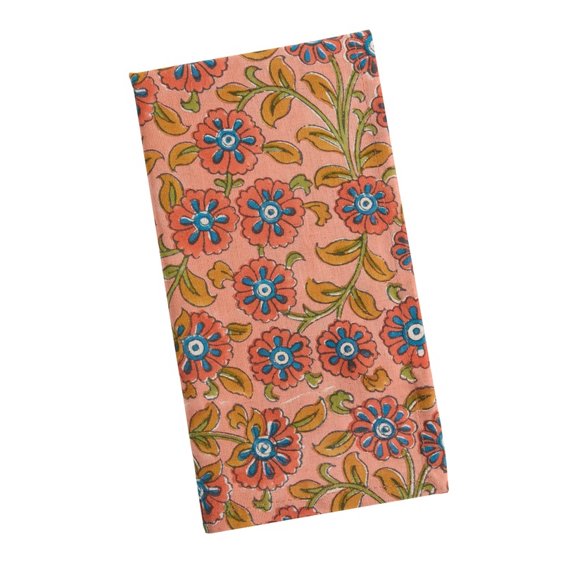 Peach and Blue Floral Block Print Napkin