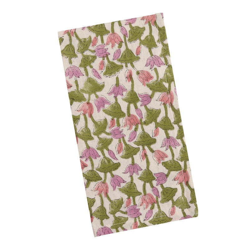 Pink and Green Bell Flower Block Print Napkin