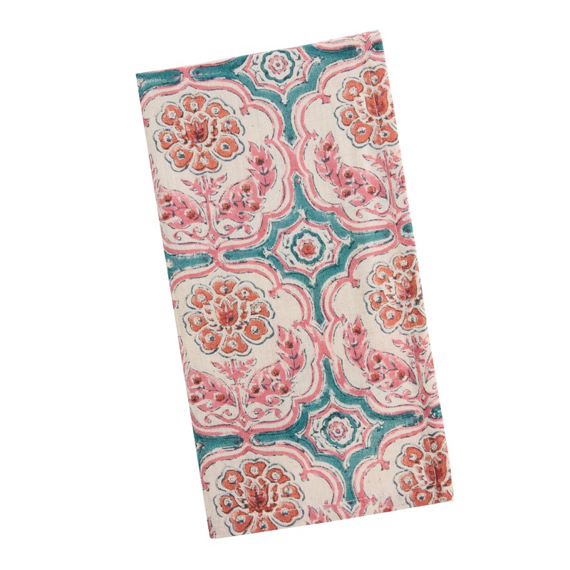 Pink and Turquoise Medallion Floral Block Print Napkin