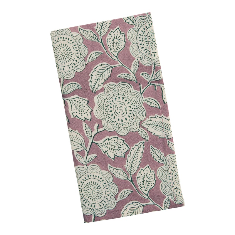 Purple and Gray Floral Block Print Napkin Set of 4