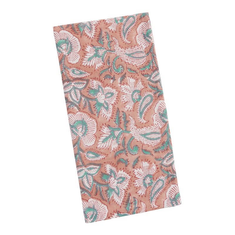 Rose Pink And Teal Block Print Paisley Napkin Set of 4