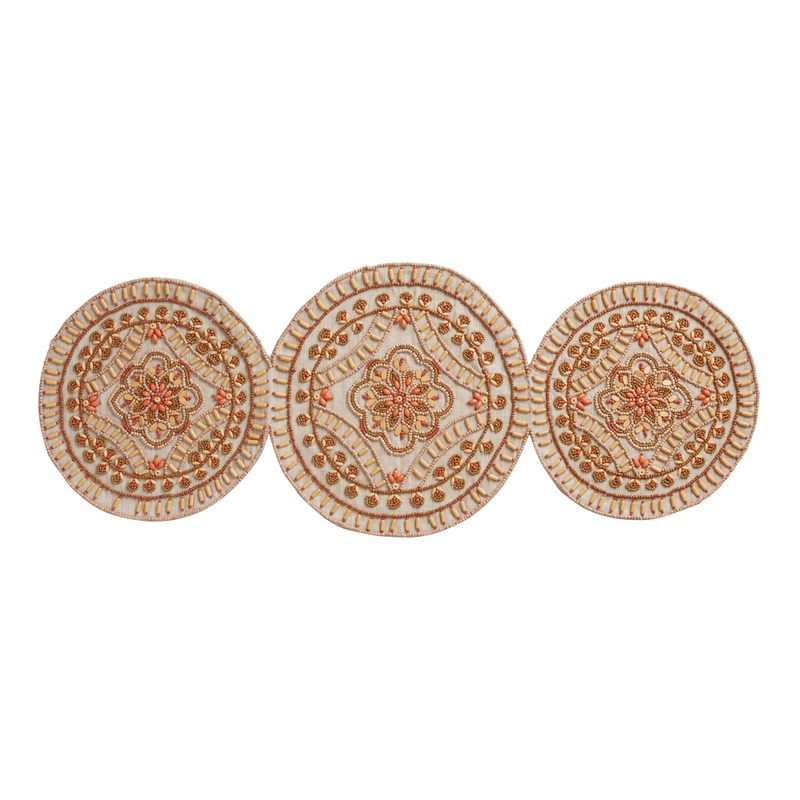Tan And Coral Medallion Beaded Table Runner