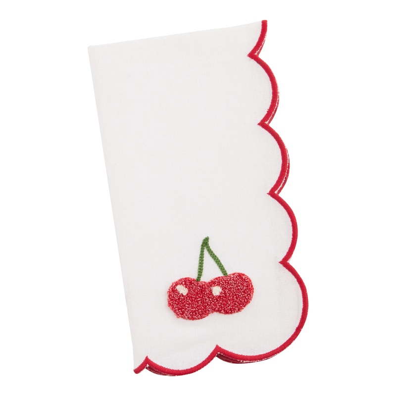 White and Red Cherry Scalloped Embroidered Napkin