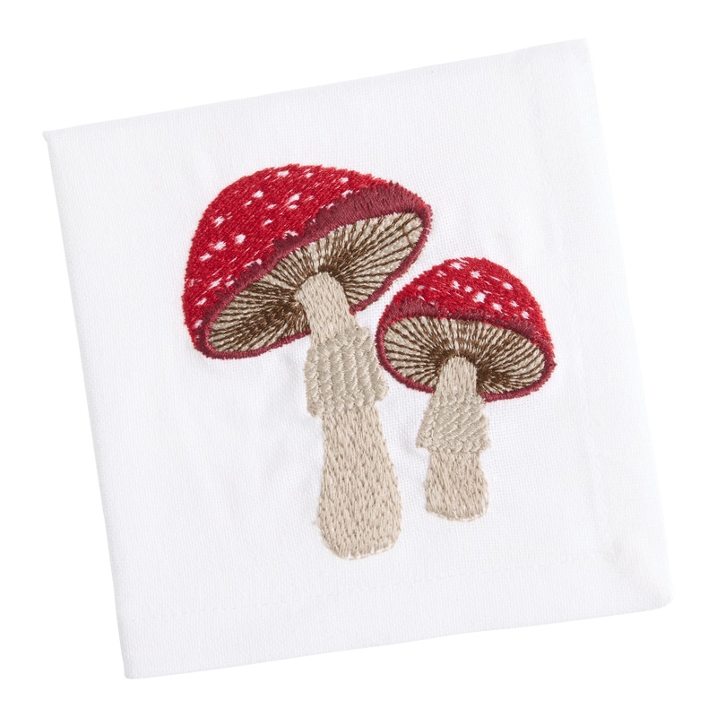 White And Red Embroidered Mushroom Cocktail Napkin Set of 4