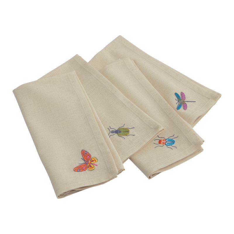 White Cotton Embroidered Bug Napkins Set Of 4