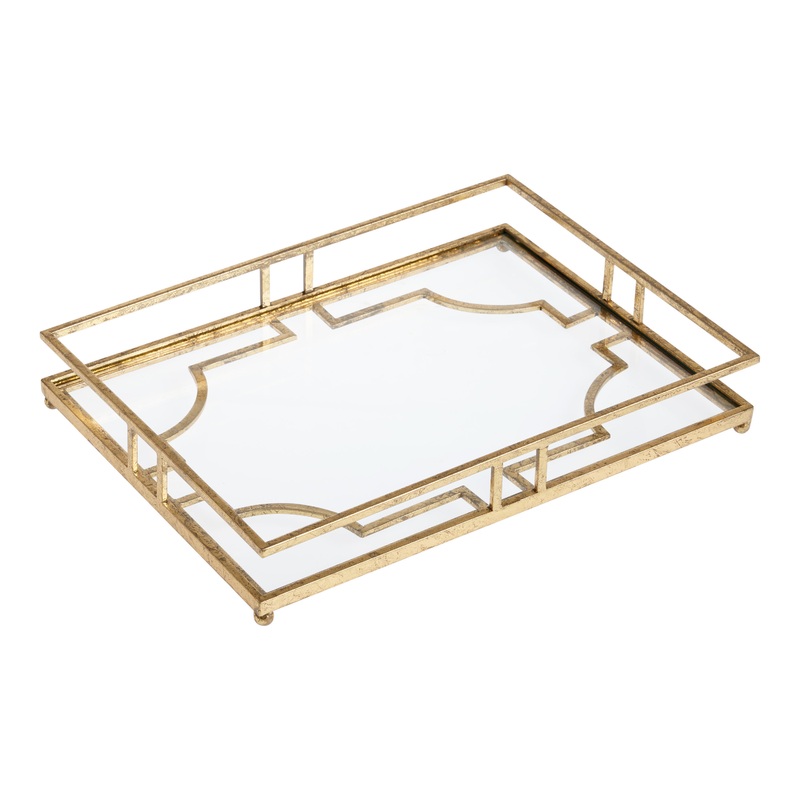 Antique Gold Metal And Glass Bar Tray