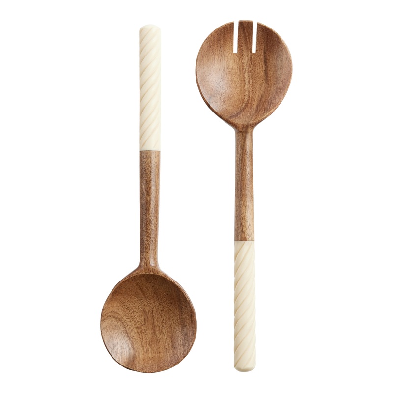 Aziza Ivory Resin and Mango Wood Salad Servers 2 Piece Set