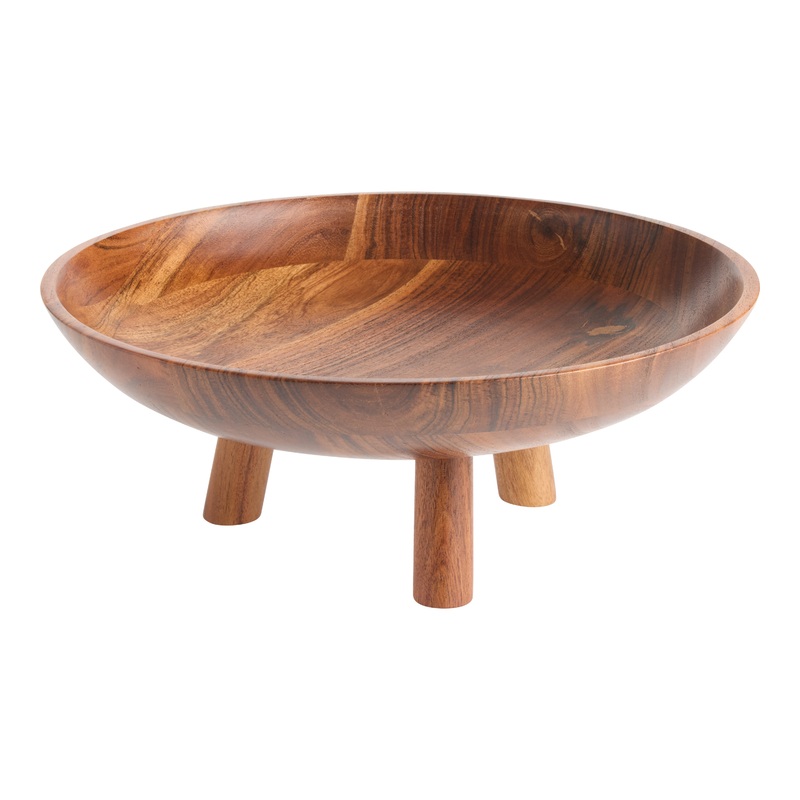Dark Brown Acacia Wood Shallow Footed Serving Bowl