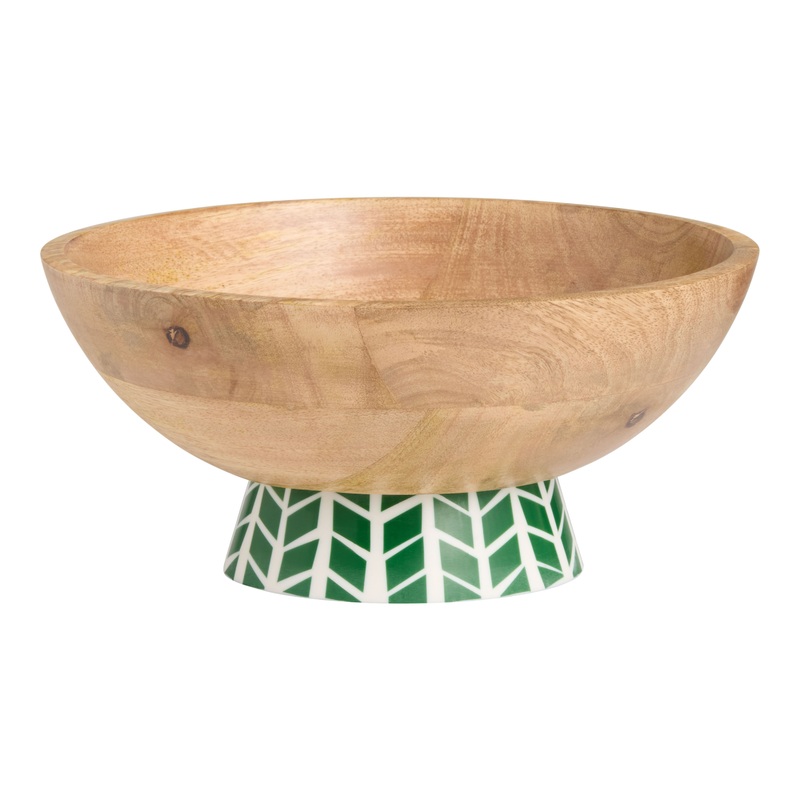 Green and White Resin and Wood Pedestal Serving Bowl