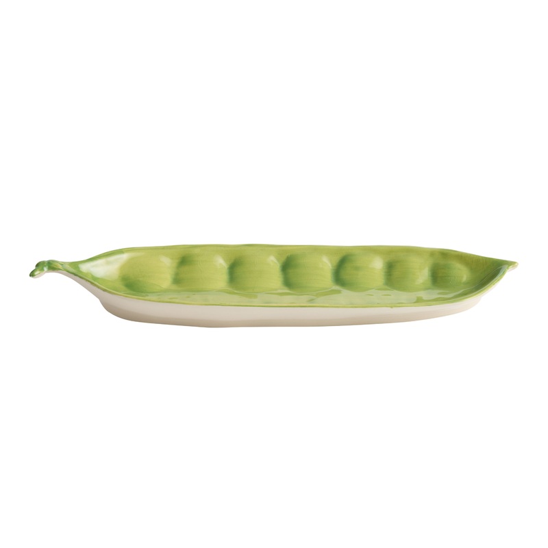 Green Ceramic Pea Pod Hand Painted Figural Serving Platter