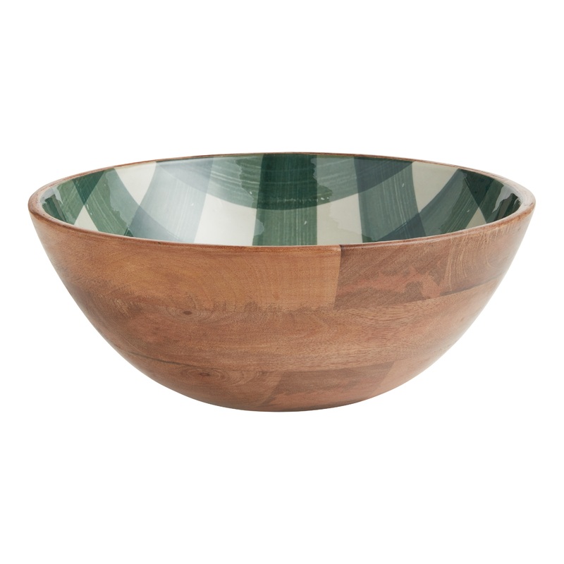 Harvest Green Plaid Enamel Wood Serving Bowl