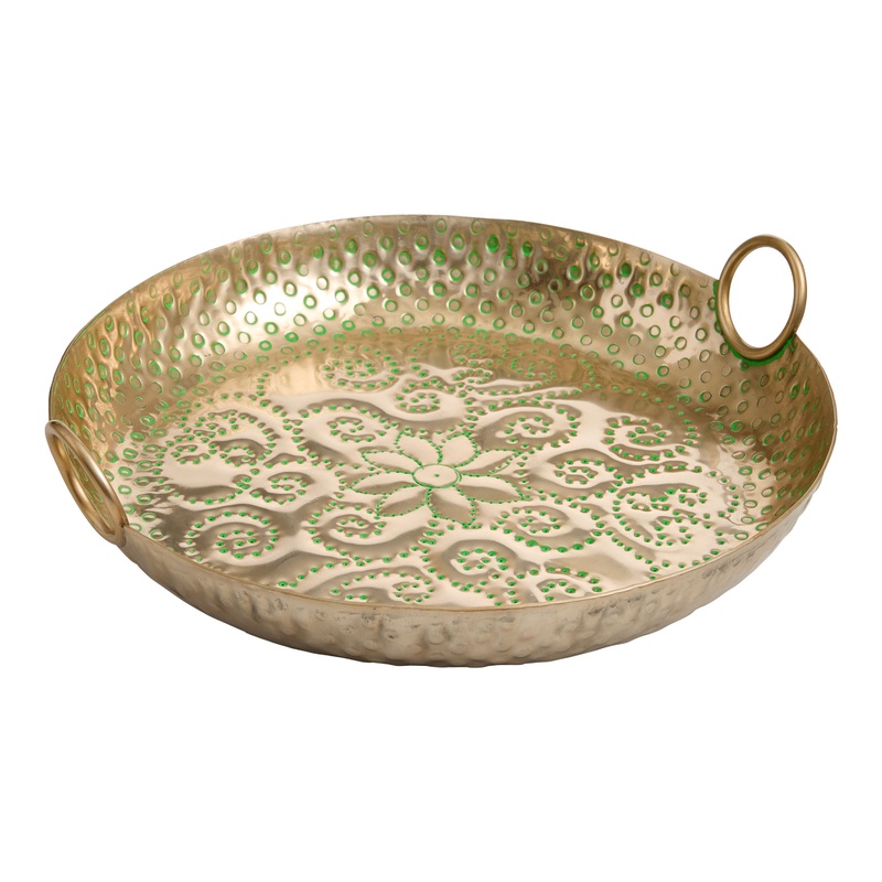 Large Gold And Green Metal Hammered Serving Tray