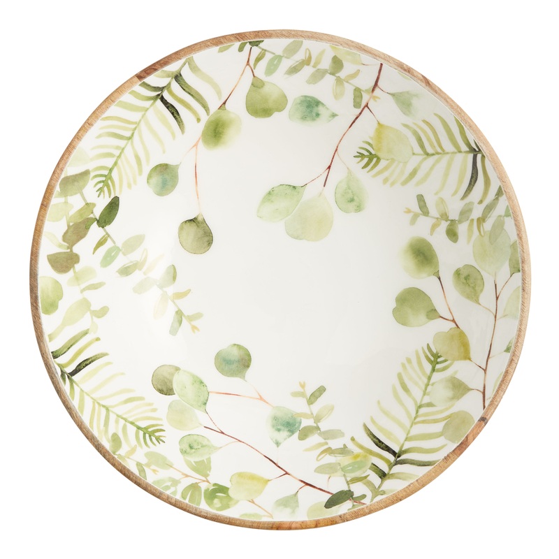 Large Green Eucalyptus Enamel Wood Serving Bowl