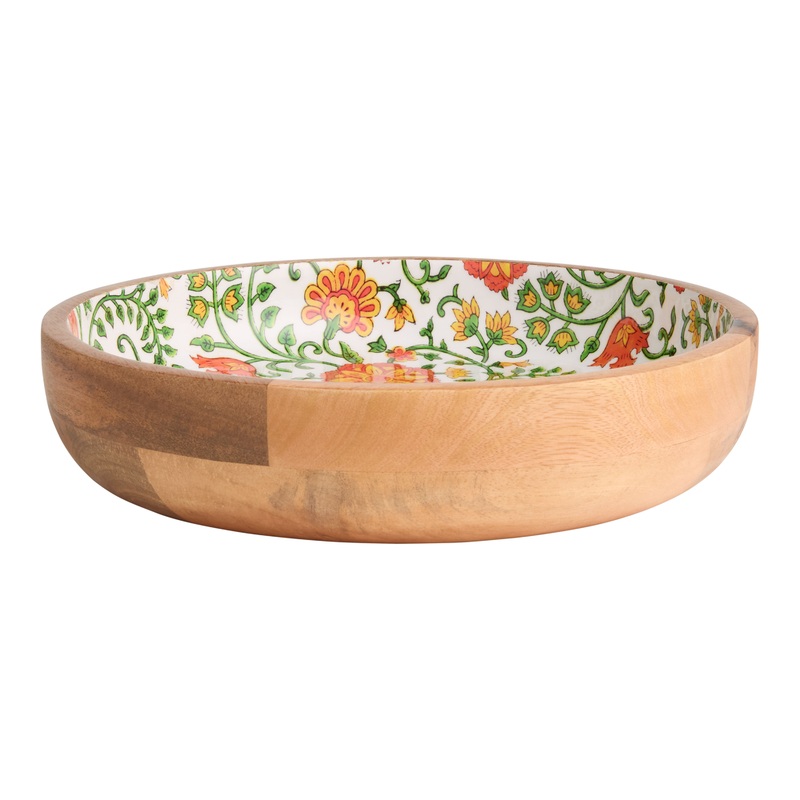 Marigold Floral Enamel Wood Low Serving Bowl