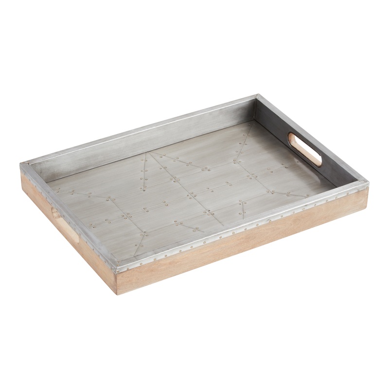 Natural Wood And Distressed Metal Industrial Serving Tray