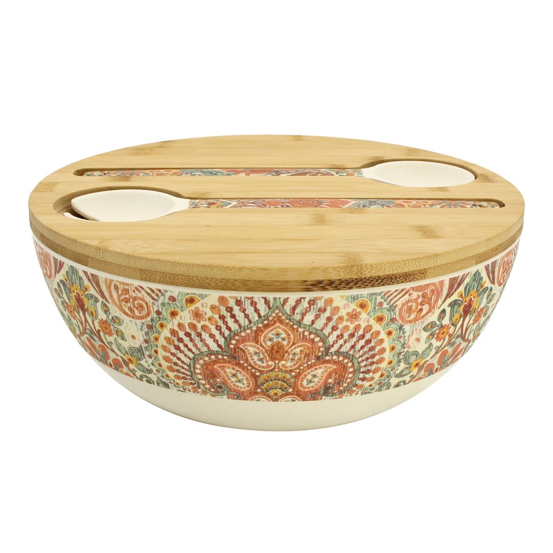Paisley Bamboo Fiber Serving Bowl and Salad Servers Set