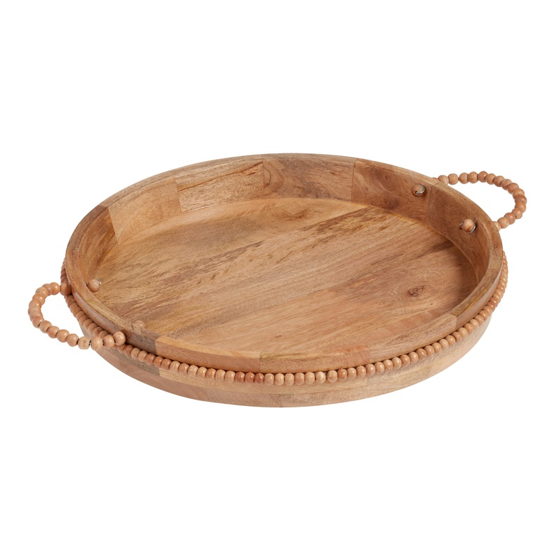 Round Mango Wood Beaded Bar Tray