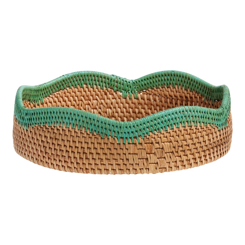 Round Rattan Serving Tray With Teal Scallop Rim
