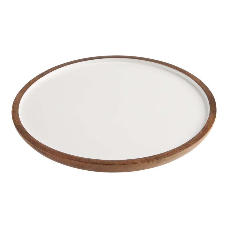 Round White Enamel Wood Serving Platter