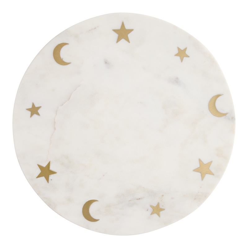 Round White Marble and Gold Metal Celestial Serving Board