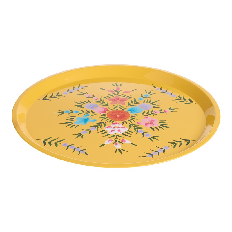 Round Yellow Hand Painted Metal Floral Serving Tray