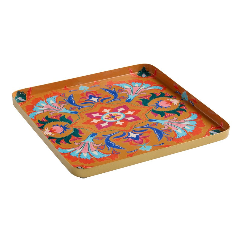 Square Gold and Orange Metal Floral Serving Tray