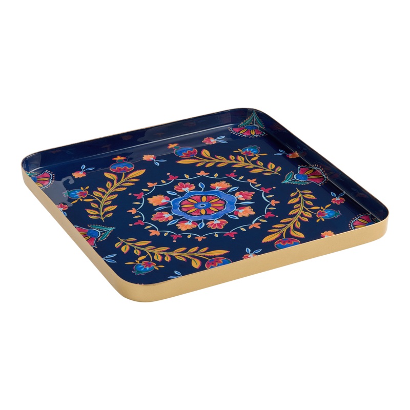 Square Navy Multicolor Metal Floral Medallion Serving Tray