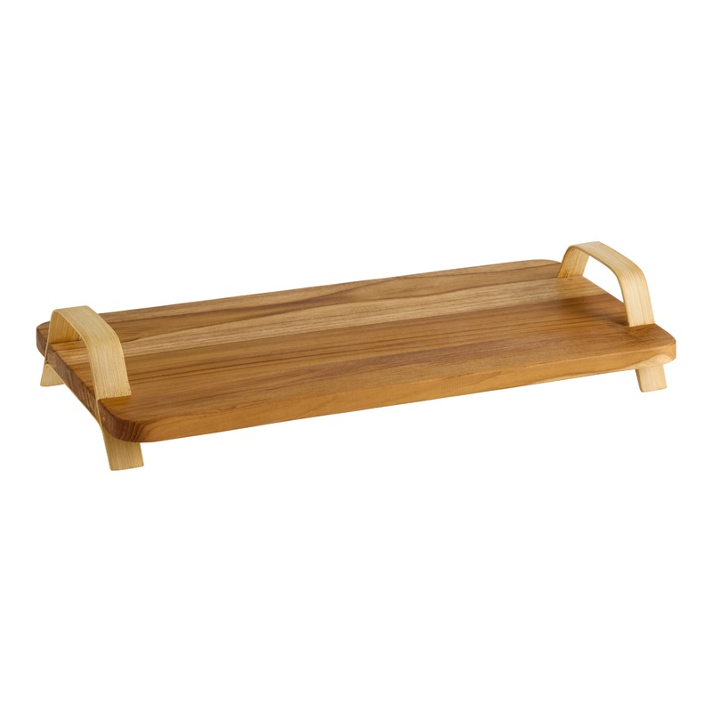 Teak Wood and Bamboo Raised Tray With Handles