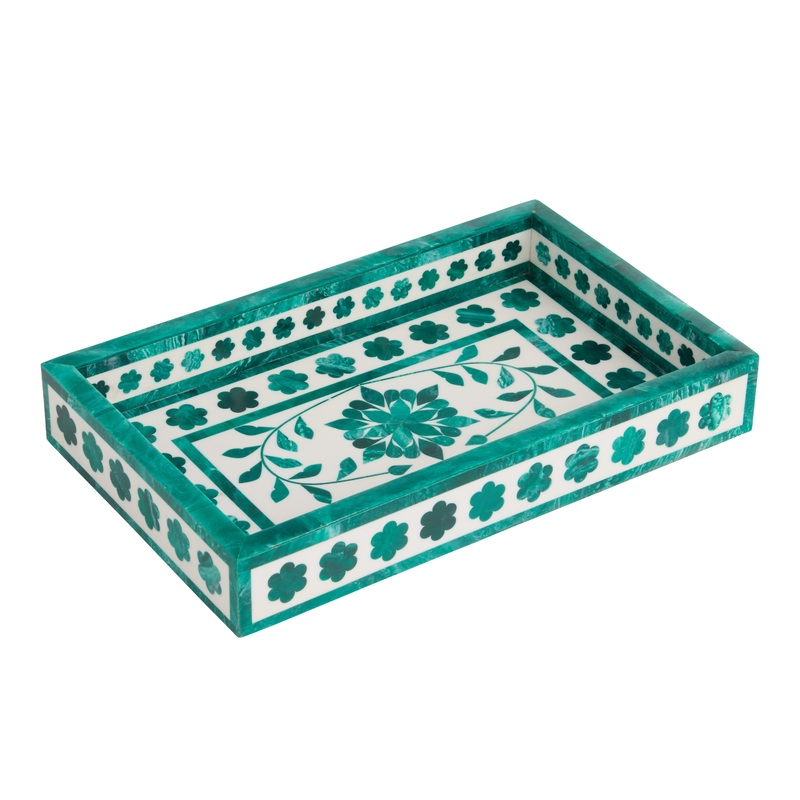 Teal and White Resin Floral Inlay Cocktail Serving Tray