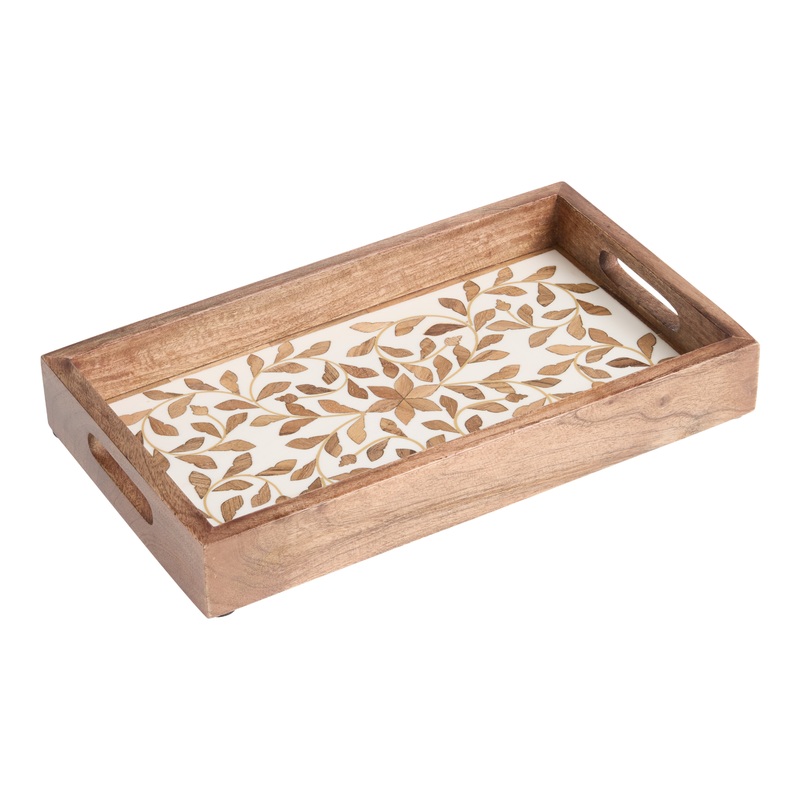 White Floral Inlay Wood Cocktail Serving Tray