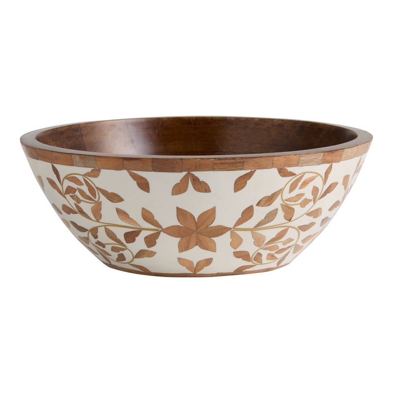 White Floral Inlay Wood Salad Serving Bowl