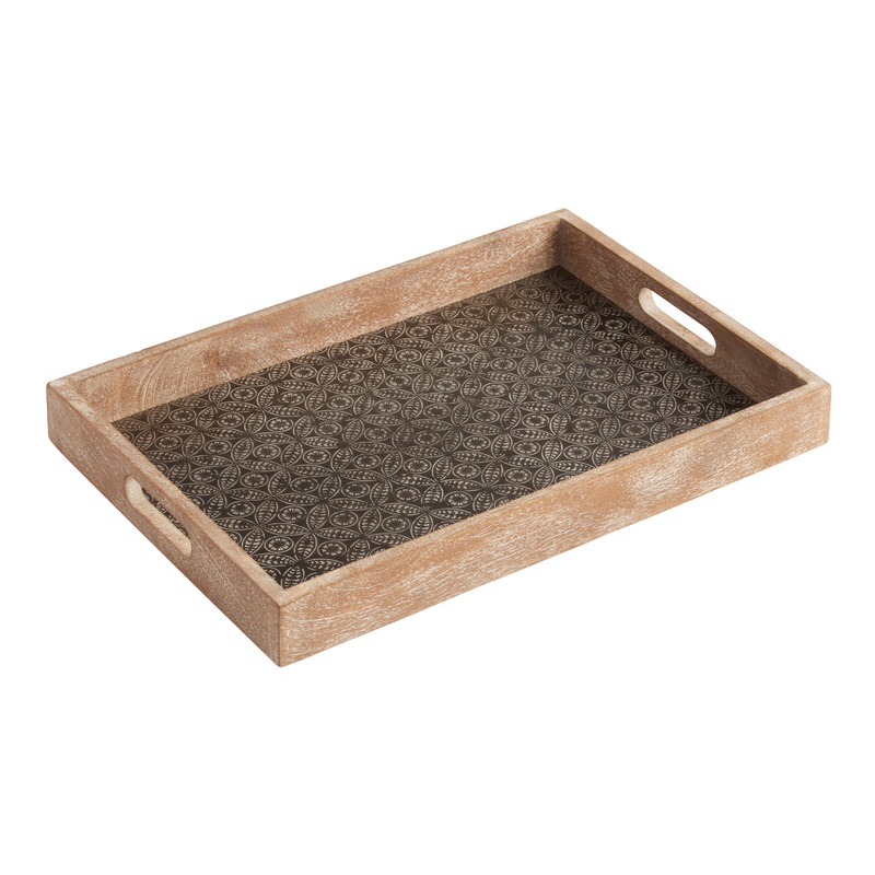 Whitewash Wood And Black Metal Geo Embossed Serving Tray