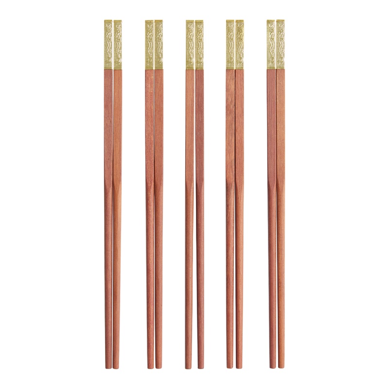 Dragon Wood And Gold Metal Chopsticks 5 Pack