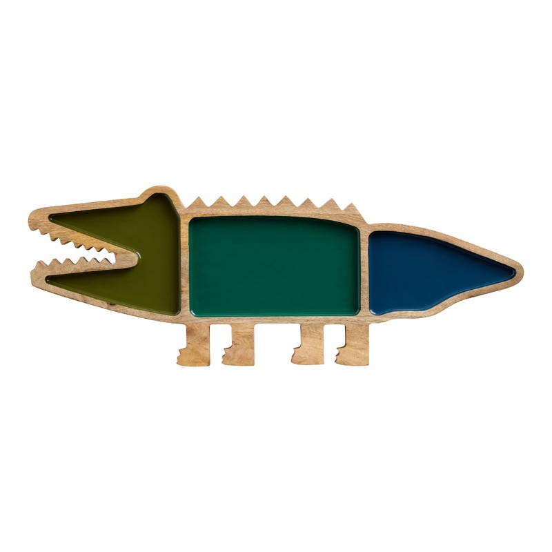 Green and Blue Enameled Wood Alligator Figural Serving Board