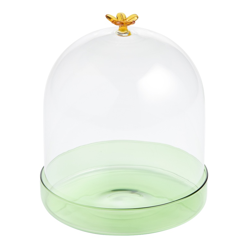 Green and Golden Yellow Glass Floral Cake Plate with Cloche