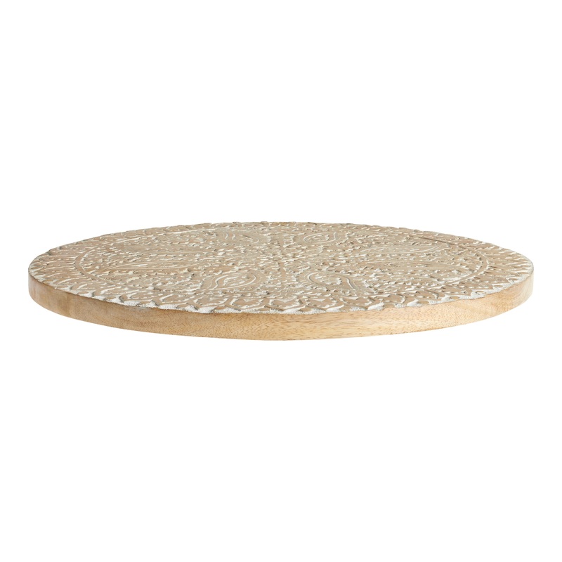 Large Whitewash Mango Wood Carved Floral Lazy Susan
