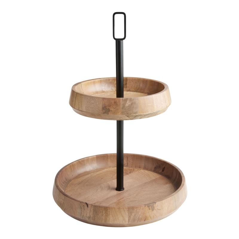 Light Mango Wood And Black Metal Modern 2 Tier Serving Stand