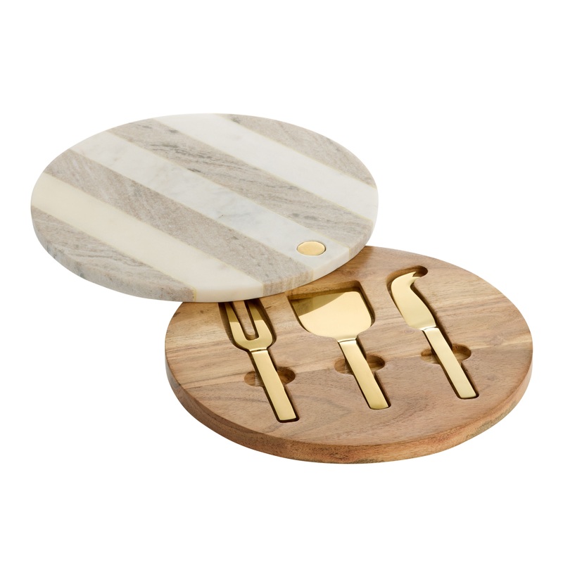 Marble and Wood Swivel Serving Board with Cheese Knives