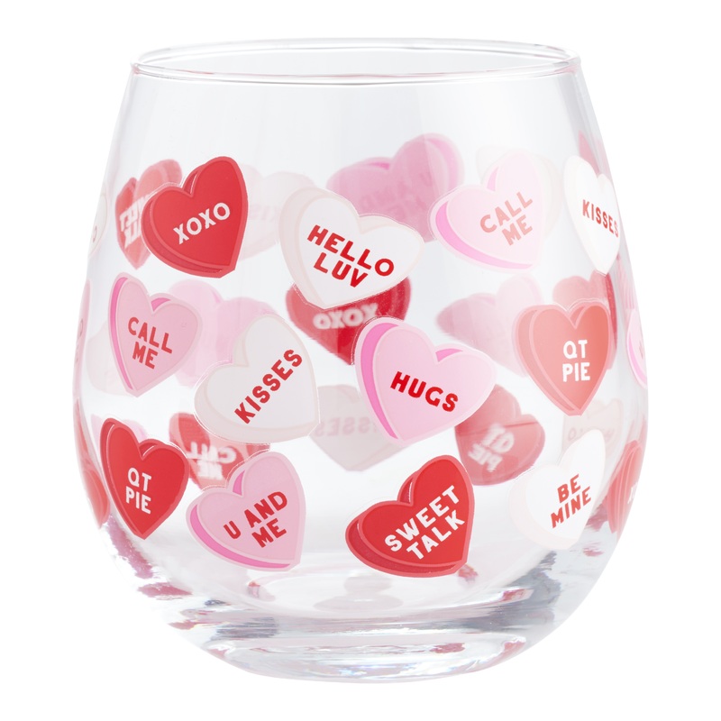 Red and Pink Candy Heart Stemless Wine Glass