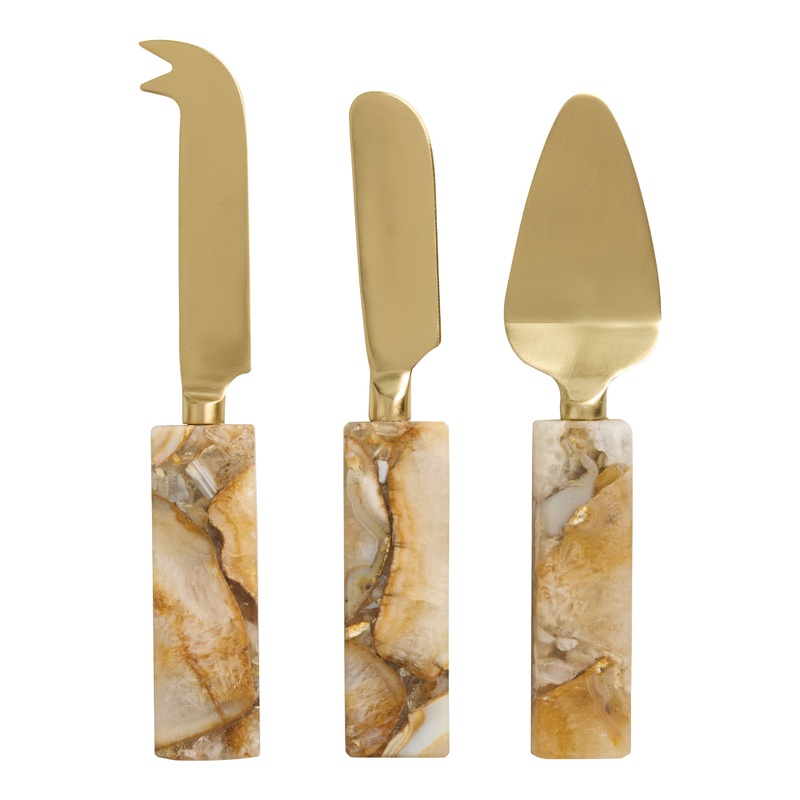 Semiprecious Agate and Gold Metal Cheese Knives 3 Piece Set