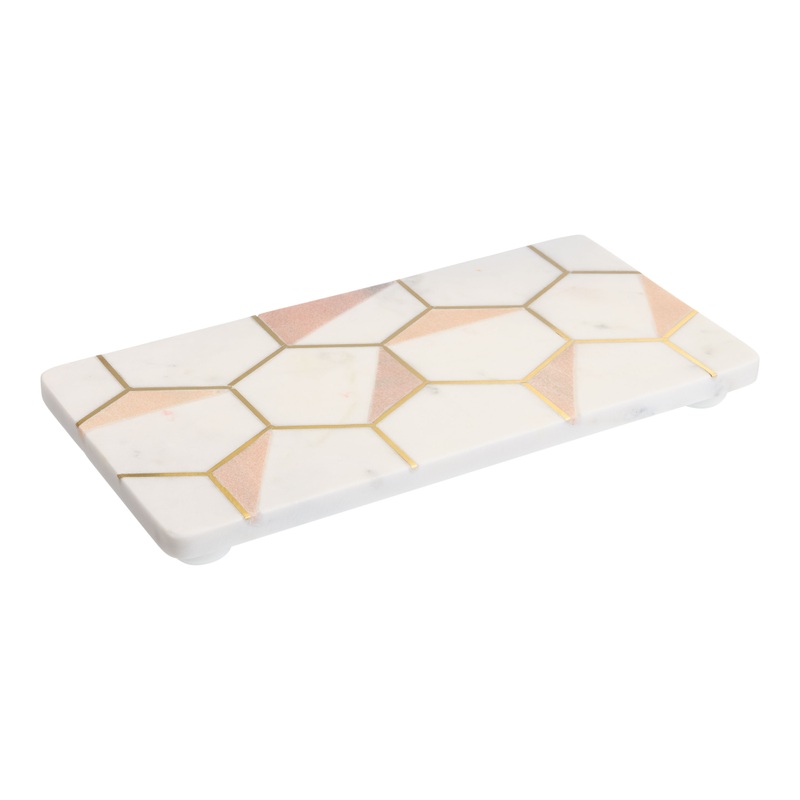 White and Pink Marble and Gold Hexagon Inlay Serving Board