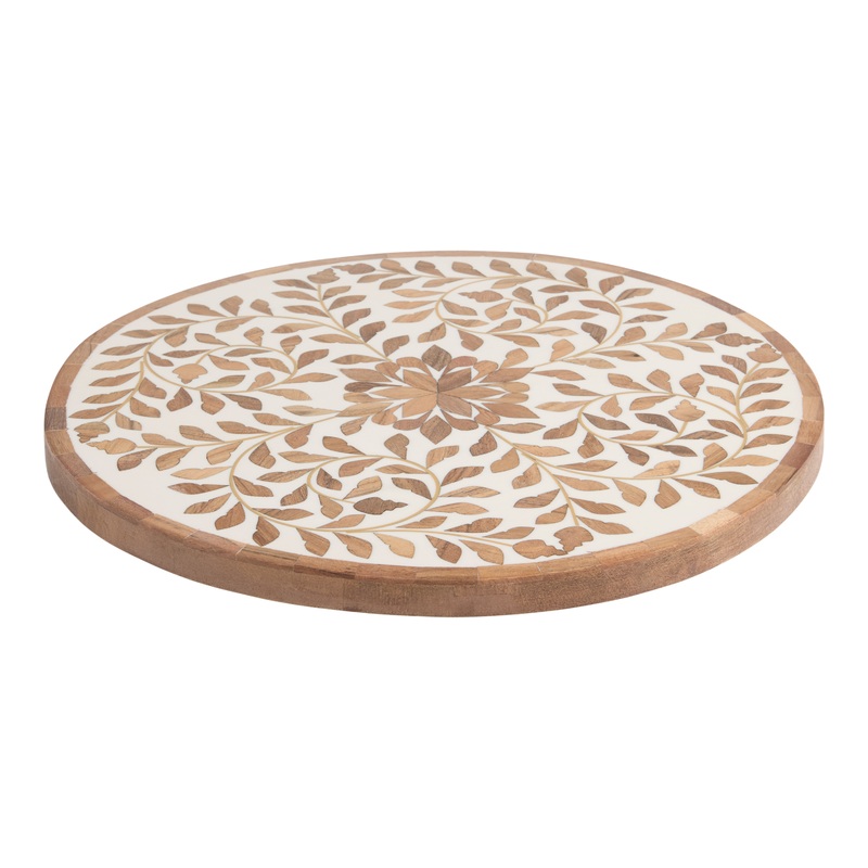 White Floral Inlay Wood Lazy Susan