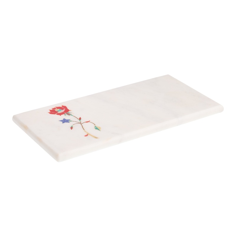 White Marble and Mother of Pearl Floral Inlay Serving Board