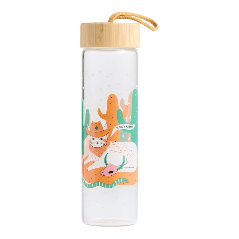Cowboy Cat Glass Water Bottle with Lid