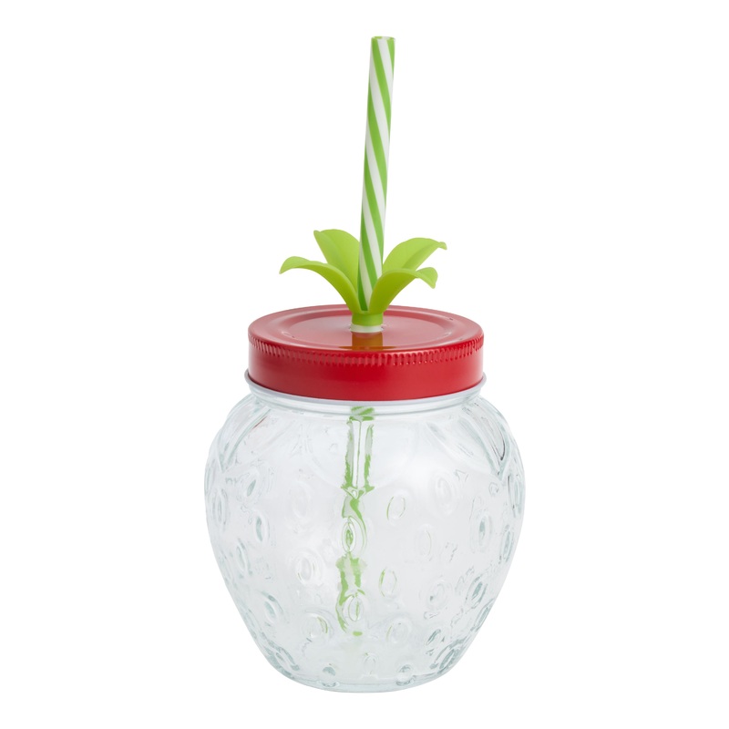 Glass Strawberry Figural Tumbler with Straw
