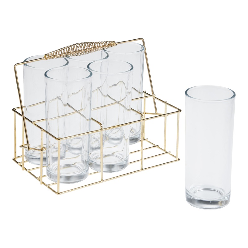Gold Wire Drink Caddy With Glasses 6 Piece Set